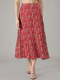 Thumbnail for women-red-&-white-floral-printed-a-line-knee-length-skirts