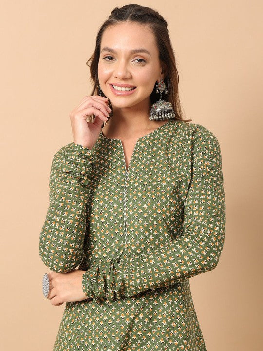 Floral Printed Notch Collar Thread Work Cotton A-Line Kurta
