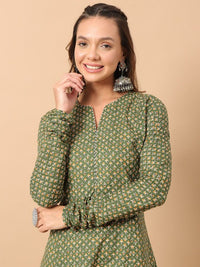 Thumbnail for Floral Printed Notch Collar Thread Work Cotton A-Line Kurta