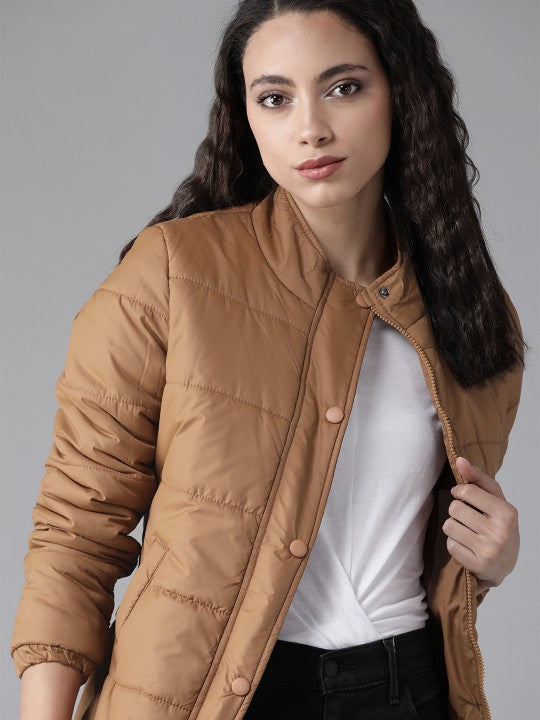 Women Olive Green Solid Padded Jacket