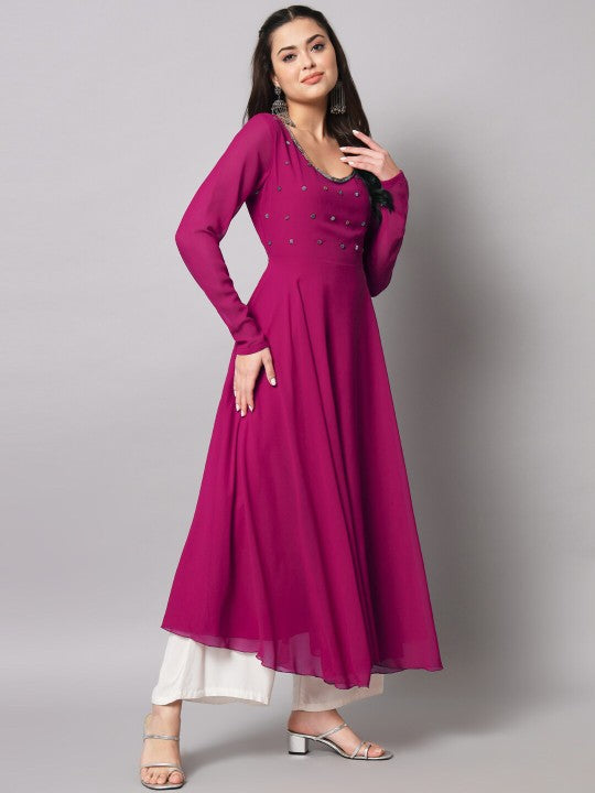 Women Burgundy Ethnic Motifs Georgette Anarkali Kurta