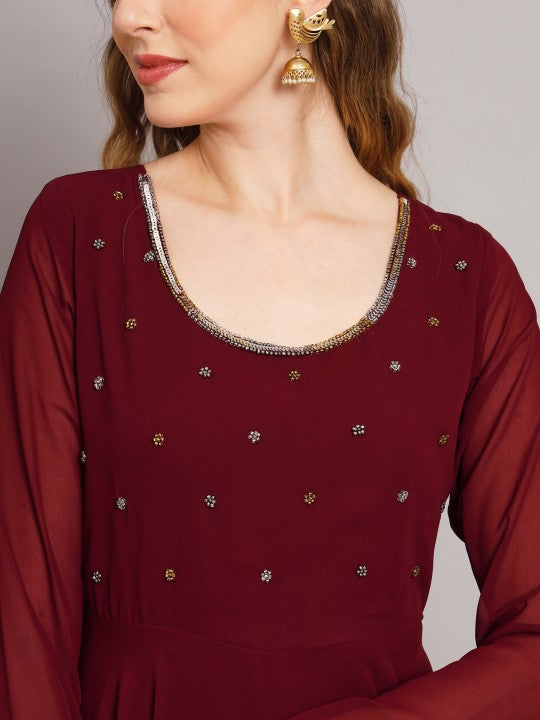 Women Burgundy Ethnic Motifs Georgette Anarkali Kurta