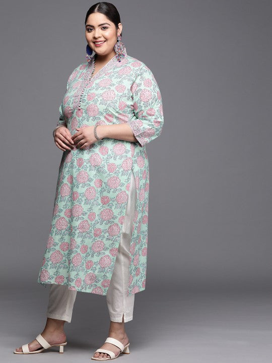 women-plus-size-blue-&-pink-pure-cotton-floral-printed-floral-kurta