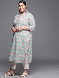 Thumbnail for women-plus-size-blue-&-pink-pure-cotton-floral-printed-floral-kurta