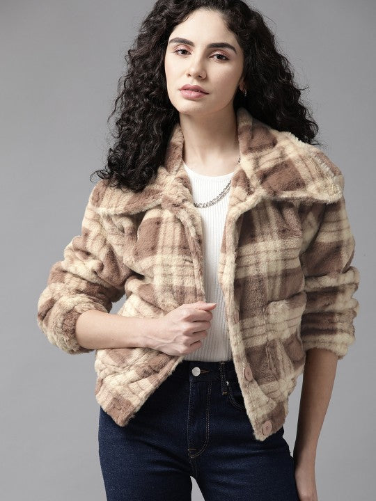 the-lifestyle-co.-women-beige-&-brown-checked-faux-fur-trim-tailored-jacket