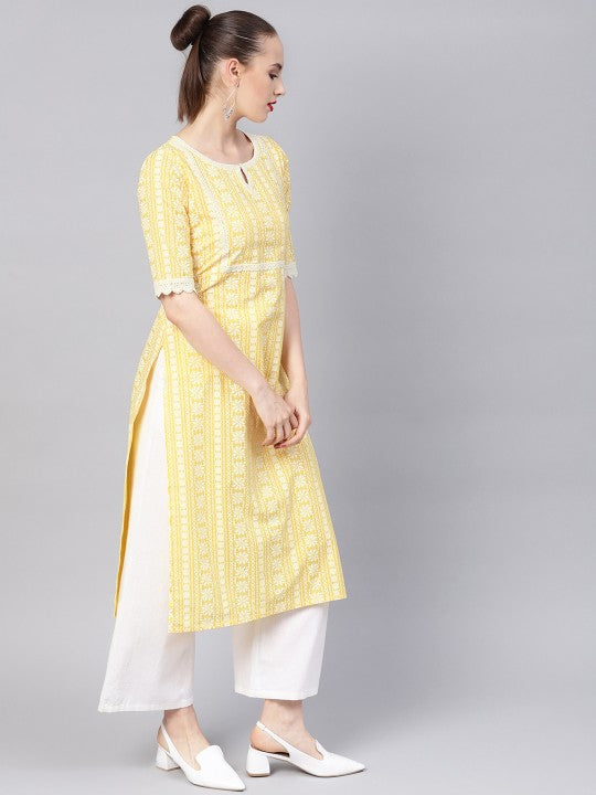 xyz-women-yellow-&-white-block-print-straight-kurta
