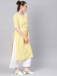 Thumbnail for women-yellow-&-white-block-print-straight-kurta