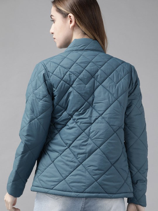 Women Black Solid Quilted Jacket