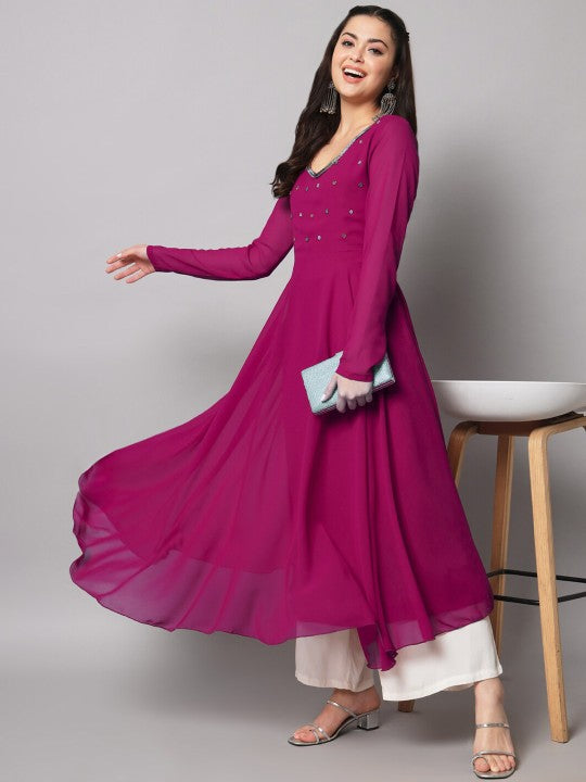 Women Burgundy Ethnic Motifs Georgette Anarkali Kurta