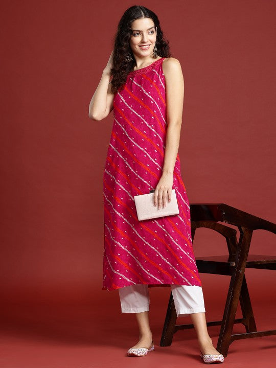 Leheriya Printed Halter Neck Thread Work Kurta