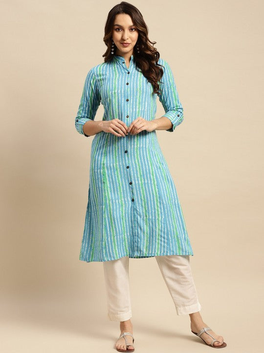 Round Neck Striped Printed Roll-Up Sleeve A-Line Kurta