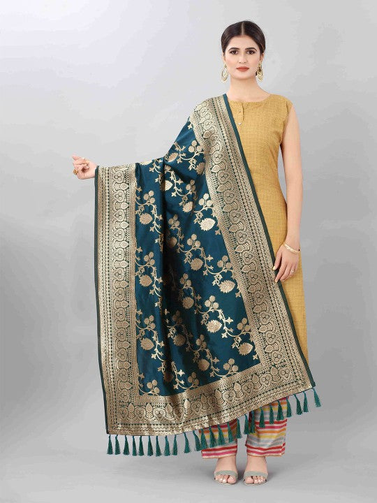 Pink & Gold-Toned Woven Design Art Silk Dupatta with Zari
