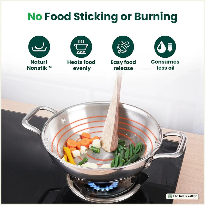 The Indus Valley TurboCuk Tri-ply Stainless Steel Kadai+ Glass Lid
