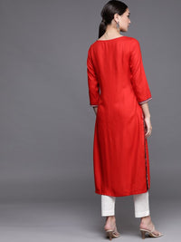 Thumbnail for women-red-solid-kurta-with-thread-work