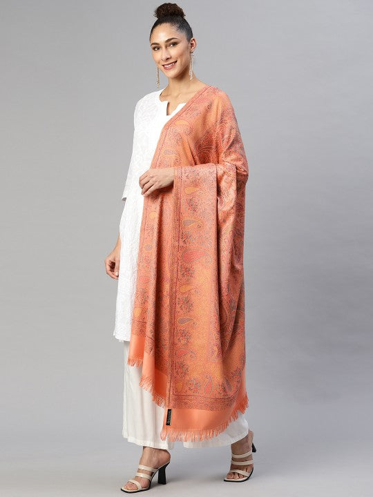 Women White & Pink Paisley Woven Design Shawl
