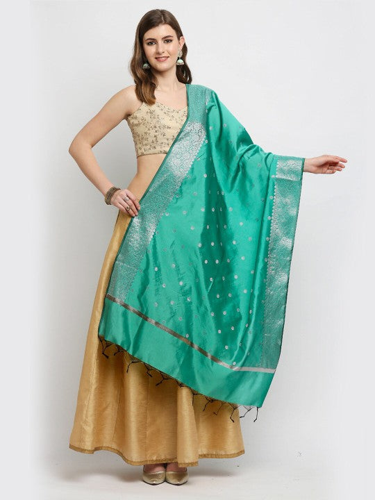 Women Navy Blue & Silver-Toned Woven Design Dupatta