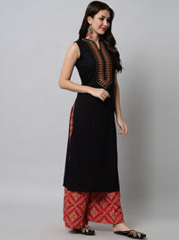 Thumbnail for floral-embroidered-mirror-work-mandarin-collar-straight-kurta