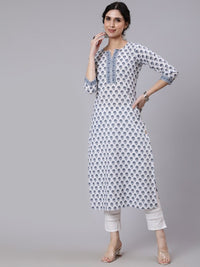 Thumbnail for women-off-white-printed-straight-kurta-with-three-quarter-sleeves