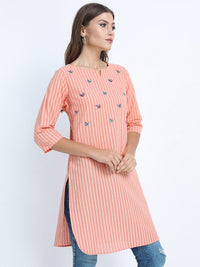 Thumbnail for Women Blue Striped Embroidered Straight Tunic