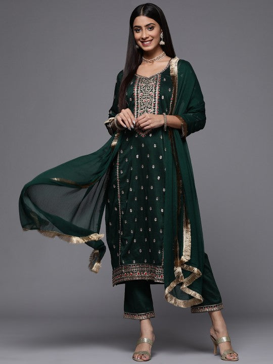 Women Floral Embroidered Regular Kurta with Trousers & With Dupatta