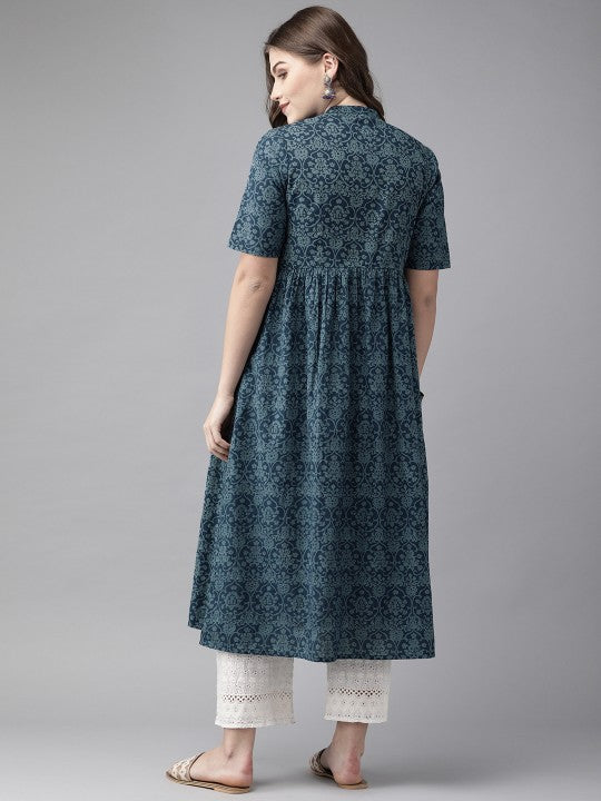 women-navy-blue-printed-a-line-kurta-with-gathered-detail