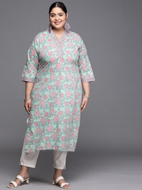 Thumbnail for women-plus-size-blue-&-pink-pure-cotton-floral-printed-floral-kurta
