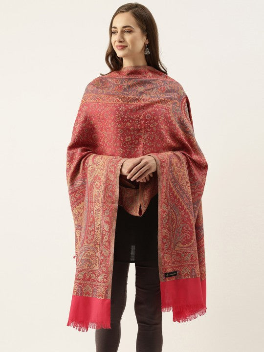 Women Red Woven Design Jamawar Shawl