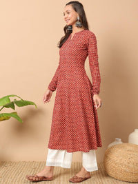 Thumbnail for floral-printed-notch-collar-thread-work-cotton-a-line-kurta