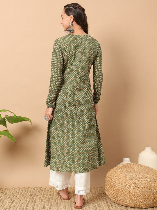 Floral Printed Notch Collar Thread Work Cotton A-Line Kurta