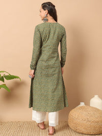 Thumbnail for Floral Printed Notch Collar Thread Work Cotton A-Line Kurta
