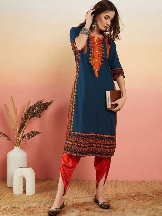 Floral Yoke Printed Mirror Work Kurta