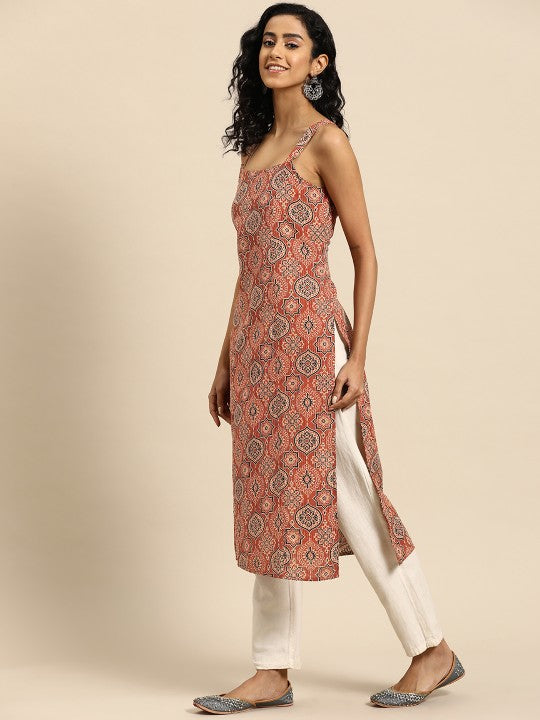 Women Pink & Magenta Printed Strappy Straight Kurta