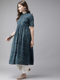 Thumbnail for women-navy-blue-printed-a-line-kurta-with-gathered-detail