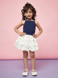 Thumbnail for girls-white-schiffli-printed-knee-length-flared-skirts
