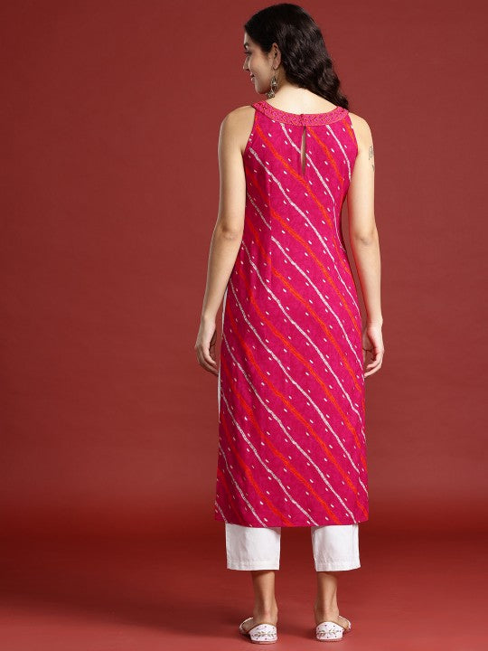 Leheriya Printed Halter Neck Thread Work Kurta