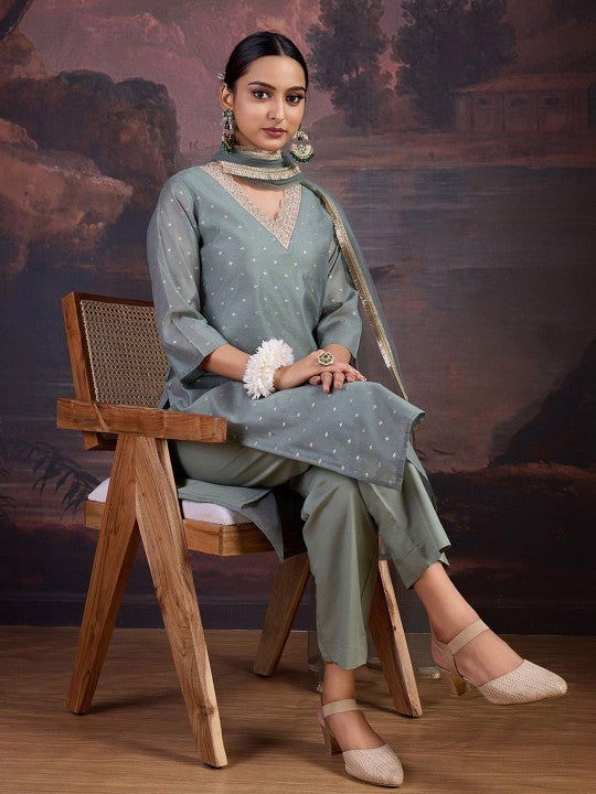 Floral Woven Design V-Neck Straight Kurta With Trouser & Dupatta
