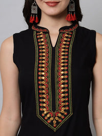 Thumbnail for floral-embroidered-mirror-work-mandarin-collar-straight-kurta