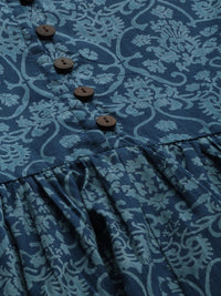 Thumbnail for women-navy-blue-printed-a-line-kurta-with-gathered-detail