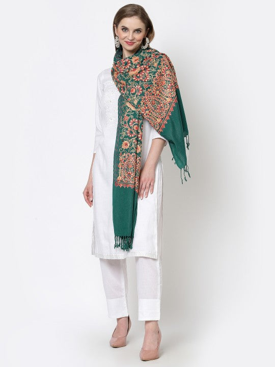 Women Black & Orange Embroidered Shawl