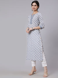 Thumbnail for women-off-white-printed-straight-kurta-with-three-quarter-sleeves