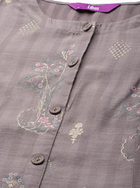 Thumbnail for women-grey-&-golden-floral-motifs-printed-a-line-kurta-with-pocket