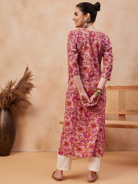 Thumbnail for floral-printed-round-neck-pure-cotton-straight-kurta