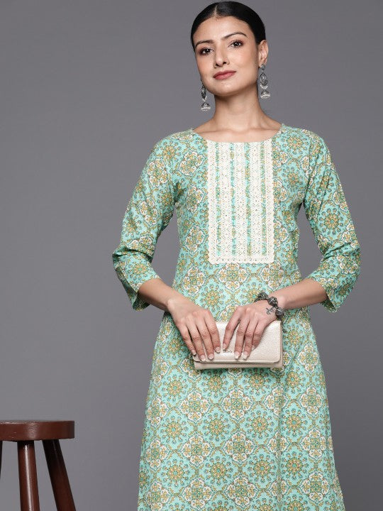 Women Blue Floral Print Straight Kurta With Lace Detail