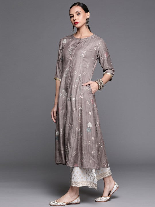 women-grey-&-golden-floral-motifs-printed-a-line-kurta-with-pocket