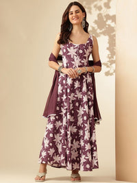 Thumbnail for floral-printed-square-neck-sleeveless-pure-cotton-anarkali-kurta