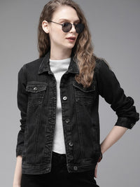 Thumbnail for the-lifestyle-co-women-black-solid-denim-jacket