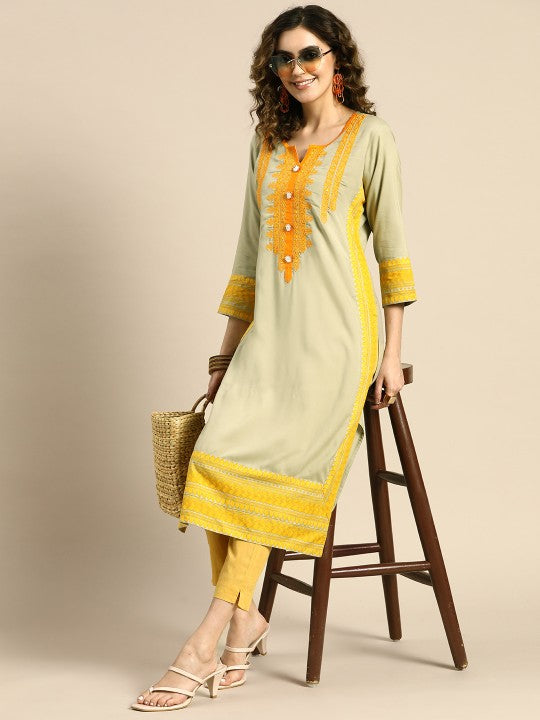 Floral Yoke Printed Mirror Work Kurta