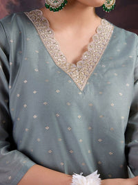 Thumbnail for Floral Woven Design V-Neck Straight Kurta With Trouser & Dupatta