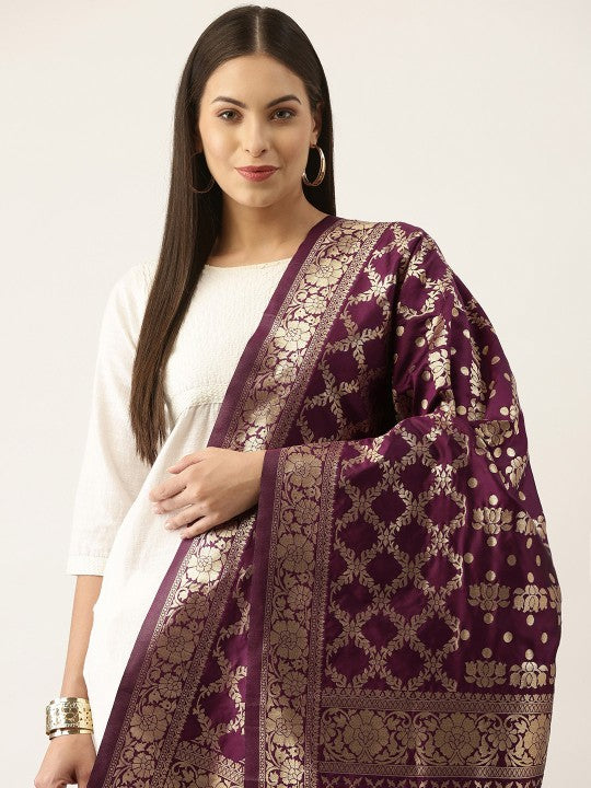Pink & Gold-Toned Ethnic Motifs Woven Design Pure Banarasi Silk Dupatta