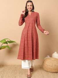 Thumbnail for floral-printed-notch-collar-thread-work-cotton-a-line-kurta